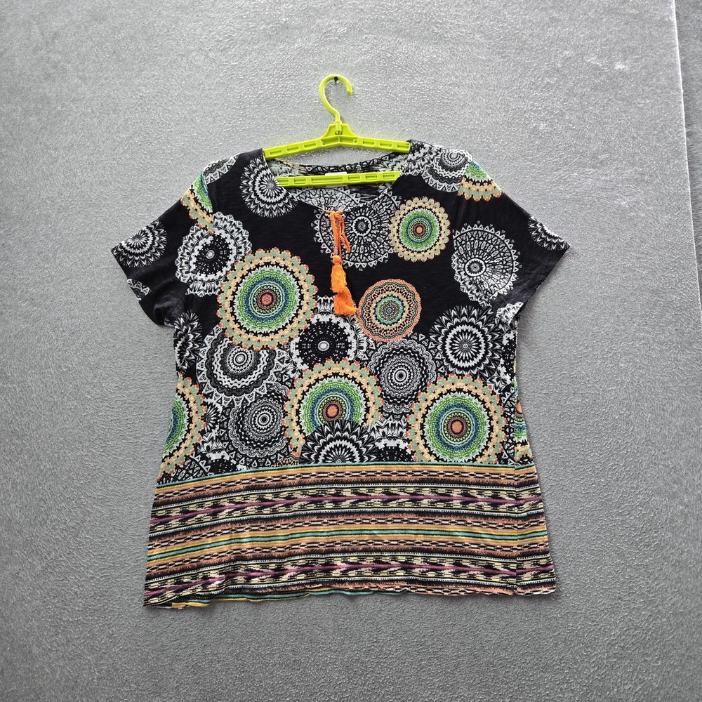 Onque Casual Women Shirt 2X Black Geometric Casual Button Tassel Artsy Office